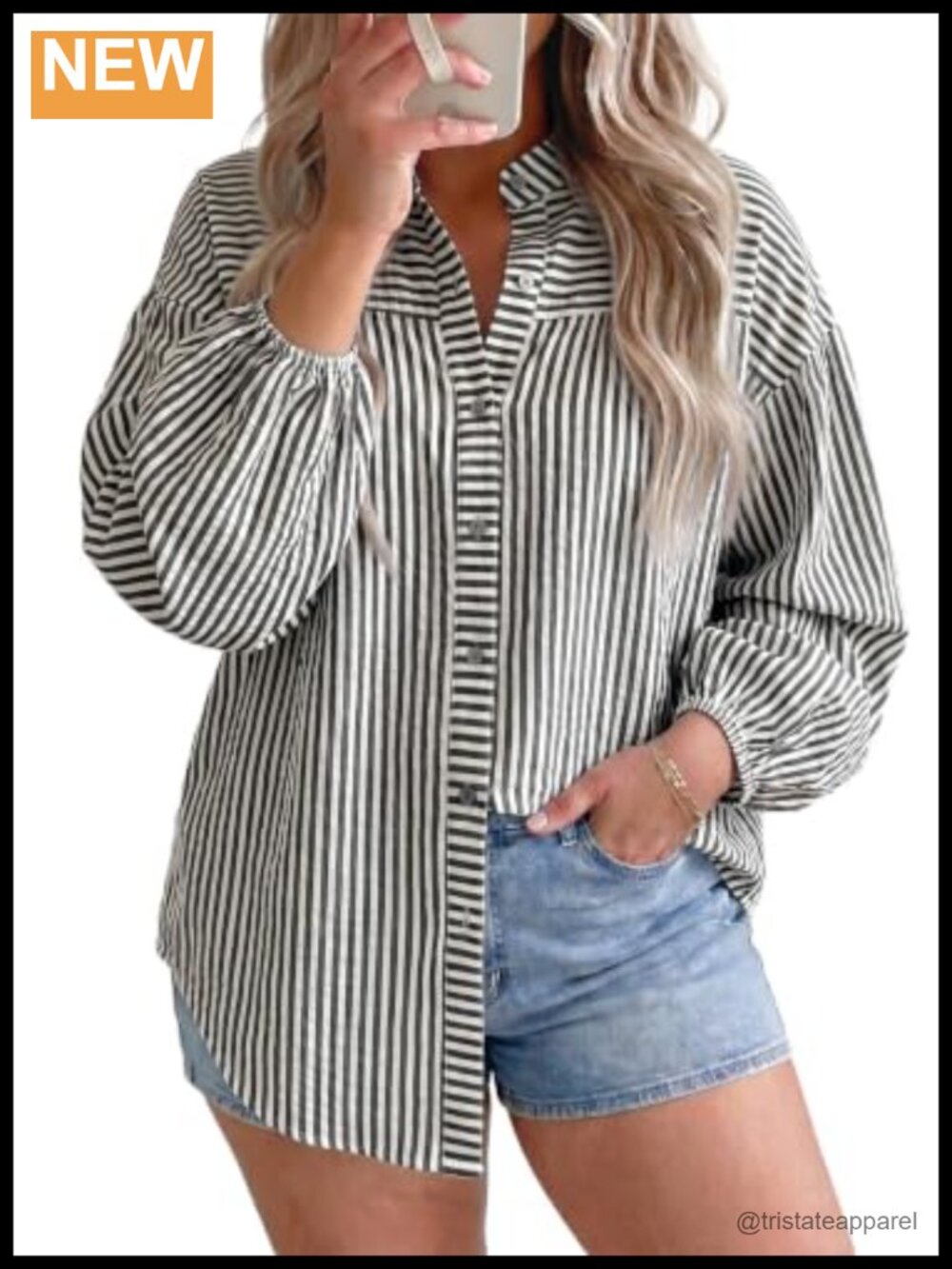 Plus Size Striped Button Down Shirt with Puff Sleeves Long Sleeve Blouse